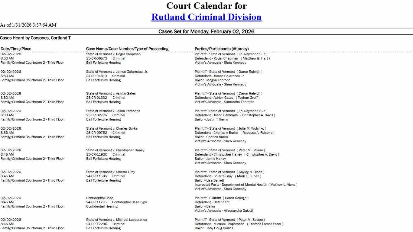 Rutland Criminal Division Calendar