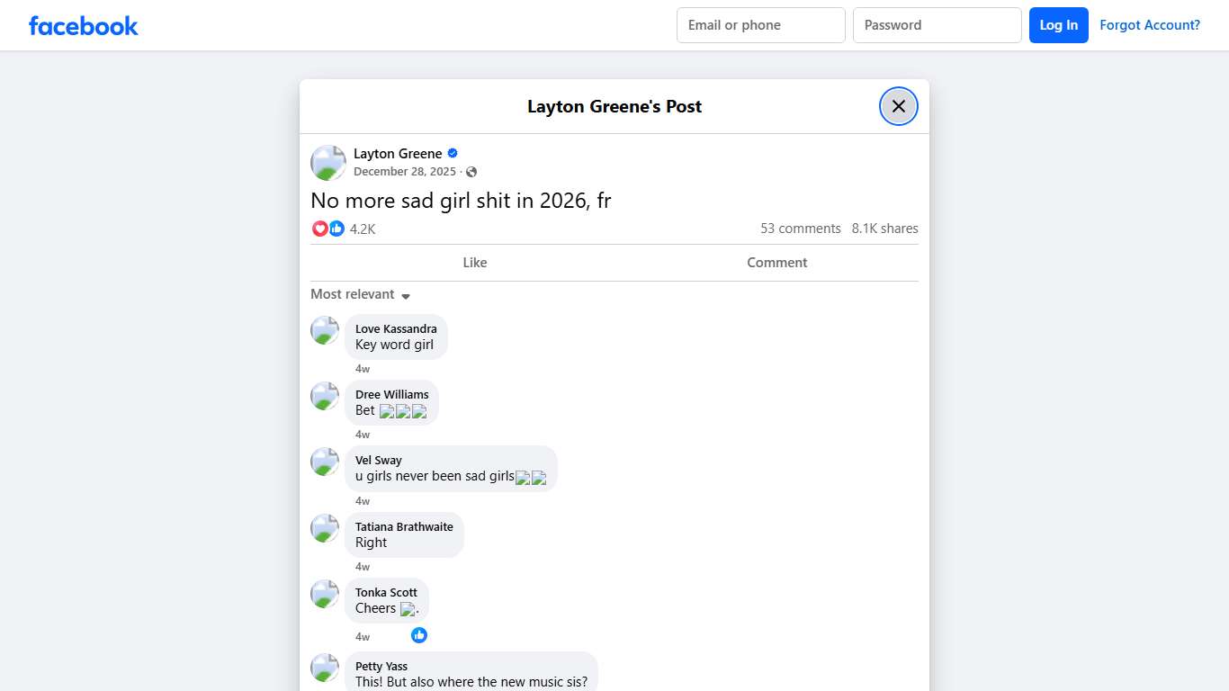 Layton Greene - No more sad girl shit in 2026, fr Facebook